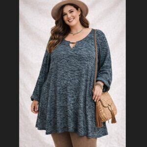 Avenue Plus Size Tunic 30/32 Teal Black Marled Rayon Blend Boho
